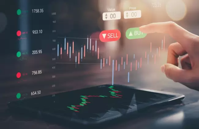 stock-exchange-market-concept-hand-touching-on-trading-icon-screen-with-graphs-analysis-candle-line-on-bokeh-colors-light